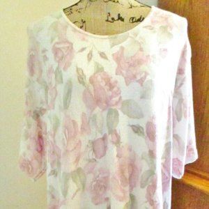 NWT Gabriella T Womens Lightweight SS Sweater Beige w/Pink Flowers Italy,Size 1X